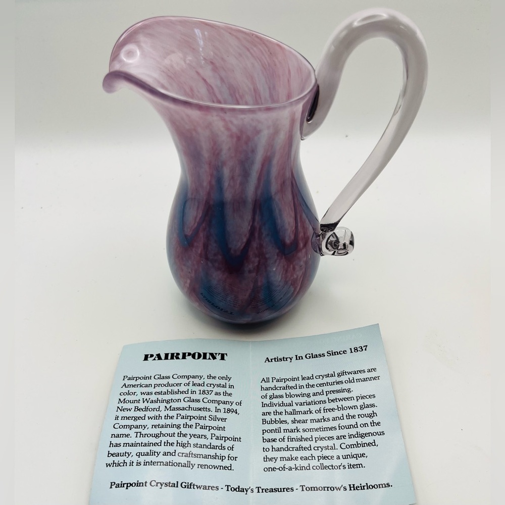 Pairpoint Handblown Art Glass Pitcher Featuring Swirled Colorful Marble Design.